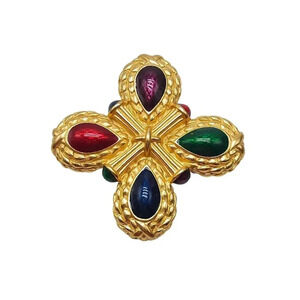 Liz Claiborne 1980s Gripoix Style Multi-Color Enamel Maltese Cross Vintage Brooc